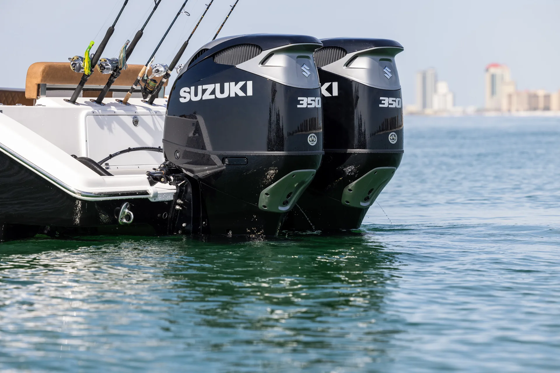 Twin Suzuki DF350A outboards rigged in house